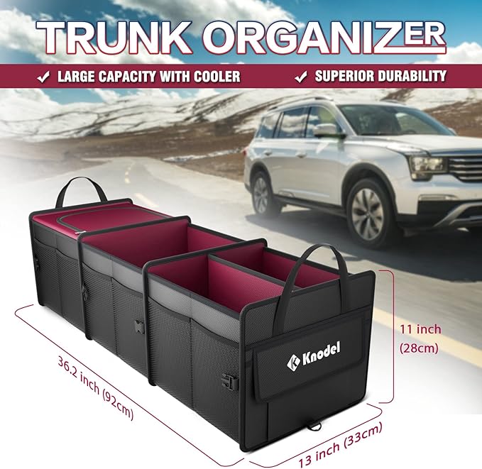 K KNODEL Sturdy Car Trunk Organizer with Premium Insulation Cooler Bag, 3 Compartments Heavy Duty Collapsible for Car, SUV, Truck, or Van (Large, Red)