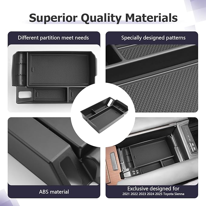 LUWU 2025 2026 Sienna Center Console Organizer for 2021 2022 2023 2024 2025 2026 Sienna Accessories Armrest Console Storage Box Insert Tray ABS Material Black