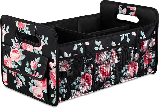 JiatuA Car Trunk Organizers and Storage Collapsible Multi Compartment Container Box, Adjustable Car Accessories for SUV Sedan Truck, Standard Size, Black Floral