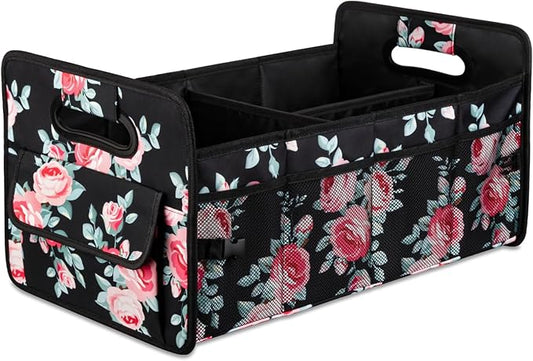 JiatuA Car Trunk Organizers and Storage Collapsible Multi Compartment Container Box, Adjustable Car Accessories for SUV Sedan Truck, Standard Size, Black Floral