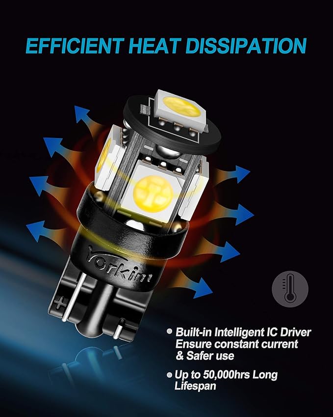 Yorkim 194 LED Bulbs White 6000k Super Bright 5th Generation, T10 168 LED Bulb for Car Interior Dome Map Door Courtesy License Plate Lights W5W 2825, Pack of 10