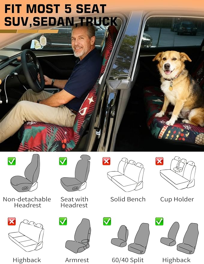 Universal Car Seat Cover Towel, Waterproof Washable Sweat Protection for Front Bucket Seats, Non-Slip Fit, Fits Cars SUVs Trucks, Ideal for Gym, Kids, Pets, Outdoor Sports, Travel (Christmas, 2 Pack)