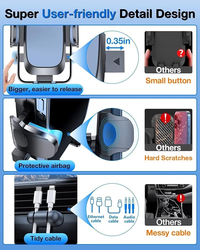 YRU [True Upgrade for Safety] Car Phone Holder Mount [Patent & Military-Grade] Dashboard Cell Phone Holder for Car Vent Windshield Phone Stand for iPhone 17 16 15 14 13 Pro Max Truck Samsung (Grey)