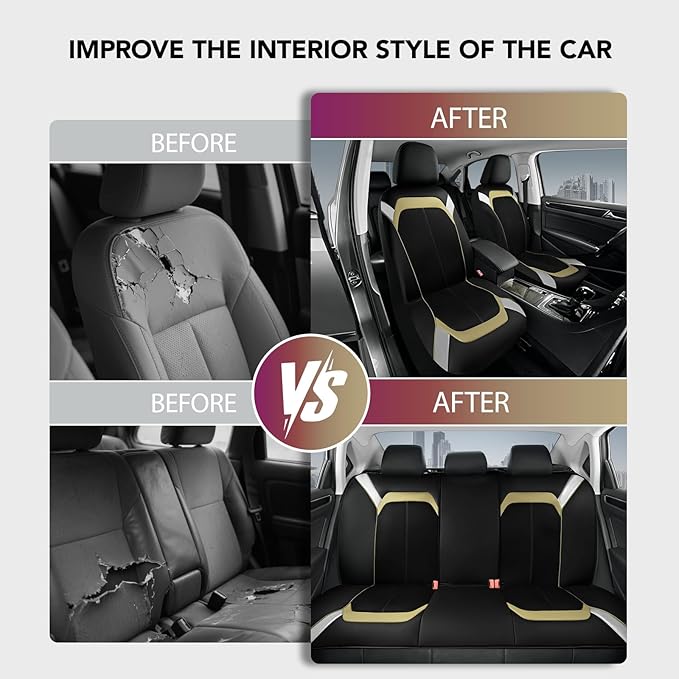 PIC AUTO Car Seat Cover – Silver & Beige Leather with Breathable Mesh Seat Cover for Cars, Stylish Two-Tone Leather Full Set Seat Covers, Universal Fit, Durable for SUV, Truck, Sedan, Vehicles