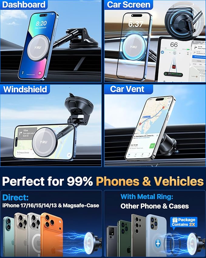 YRU Upgraded Magnetic Phone Holder for Car【Patented & Super Magnet】 for MagSafe Car Mount Dashboard Magnet Phone Holder Windshield Phone Stand for iPhone 17 16 15 14 13 12 Pro Max Samsung, Grey