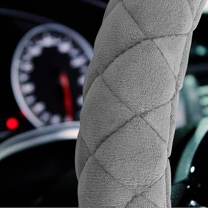 HAOKAY Luxury Fluffy Winter Steering Wheel Cover for Men Women,Soft Warm Short Plush Steering Wheel Cover Gray Fuzzy with Universal 14.5-15 Inch