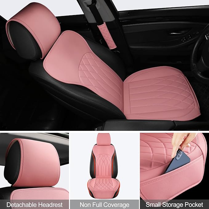 1 Pack Leather Front Car Seat Cover, Universal Sideless Car Seat Protector with Storage Pocket and Seat Belt Pad, Waterproof Automotive Seat Cover Cars Trucks SUV(Pink)
