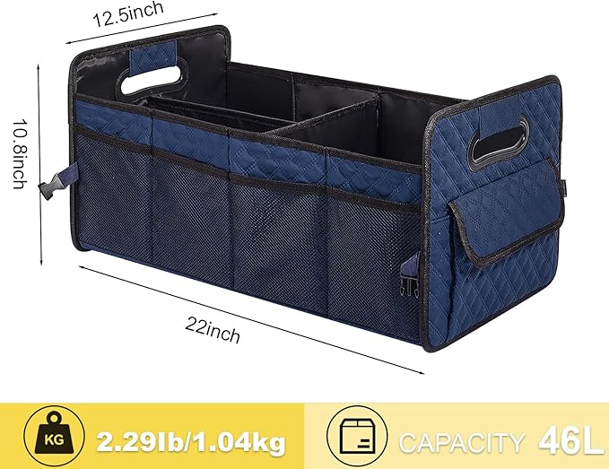 JiatuA Car Trunk Organizer for SUV, Car Storage Organizer Collapsible Multi Compartment Container Box, Adjustable Car Accessories for Women/Men, Dark Blue