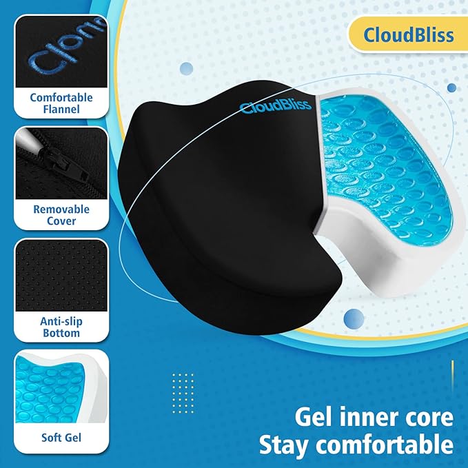 CloudBliss Gel Seat Cushion - Cooling Gel Enhanced, Memory Foam, Ergonomic Seat Cushion for Long Sitting for Office, Game, Car, Airplane (X-Large, Black)