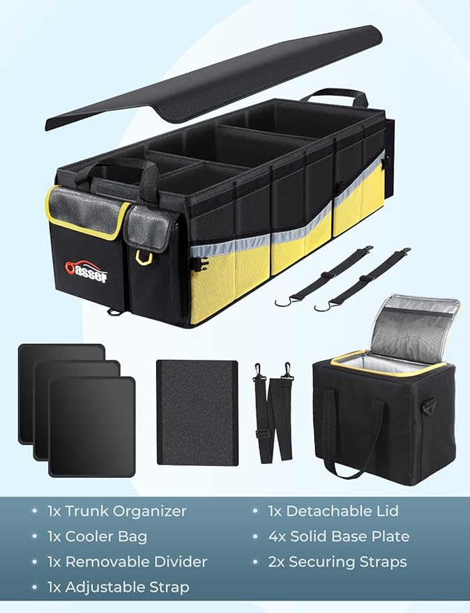 Oasser Trunk Organizer with Cooler Bag 95L, Bearing 110lb No Deformation, Collapsible with Multi Compartments, Removable Insulated Bag, Lid, Non Slip Bottom, 2 Adjustable Straps (Black&Yellow)
