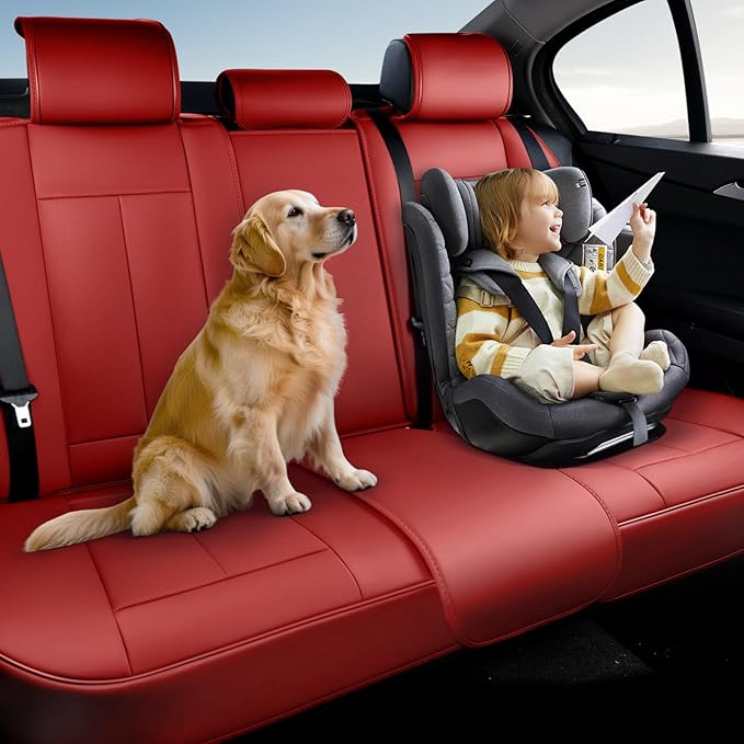 Coverado Rear Seat Covers, Faux Leather Car Seat Cover Back Seat, Dog Back Seat Cover, Red Backseat Car Covers, 3-Pieces Waterproof Seat Covers, Universal Car Seat Protector Fit Most Cars
