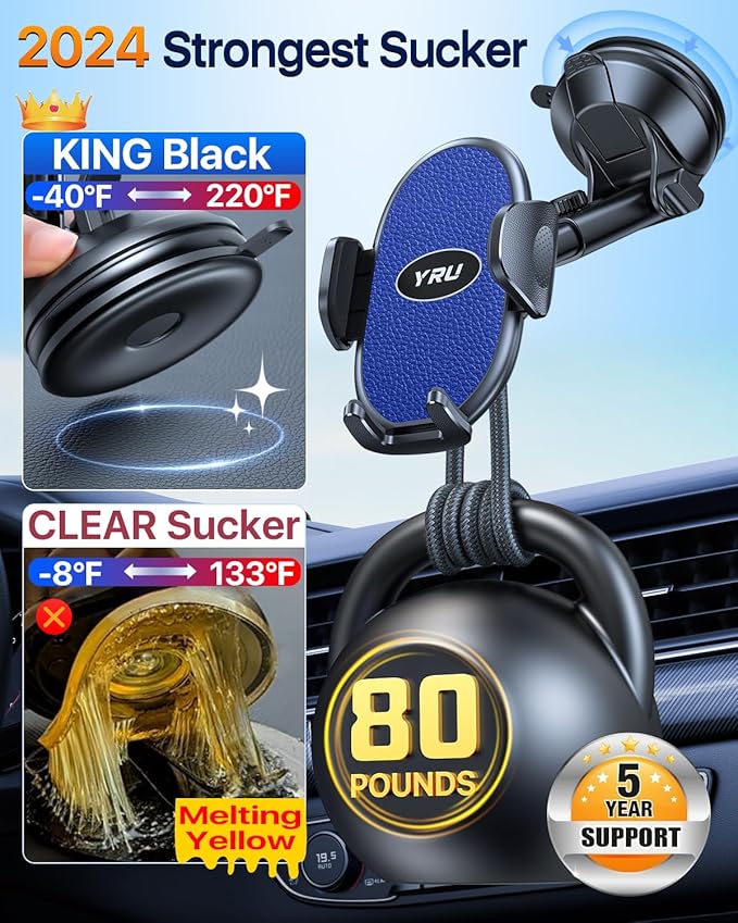 YRU Upgraded Universal Car Phone Holder Mount【360°Rotatable & Strong Suction】 Cell Phone Car Dashboard Windshield Phone Holder Dash Vent Stand for iPhone 17 16 Pro Max Samsung Truck, Light Blue