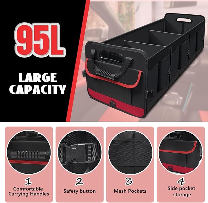 Car Trunk Organizer,Heavy Duty Collapsible 95 L Capacity Car Trunk Storage Organizer,Multi-Compartment Pockets, Adjustable Straps - Ideal for Travel, Camping, Shopping,Perfect for SUV, Truck, Sedan