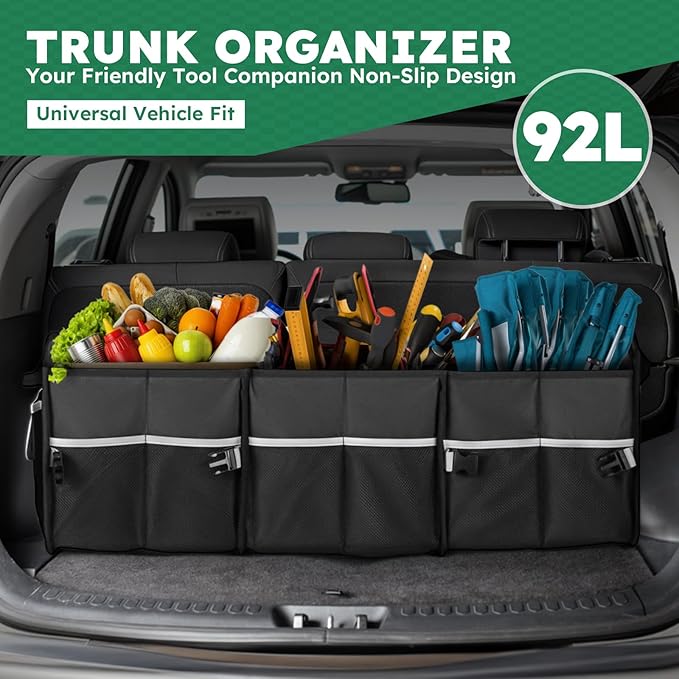 Heavy-Duty Trunk Organizer & Multi-Compartment Storage Box for SUV/Sedan/Minivan,600D Waterproof Oxford,2 Securing Hooks & Reflective Strips-Large Capacity Organiser(92L)