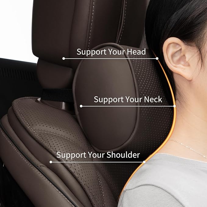 Car Headrest Pillow for Driving - Luxury Leather 100% Memory Foam, Ergonomic Neck Support - Universal Fit Head Rest Travel Pillow for Most Cars, Home & Office, Brown, 2 Pack