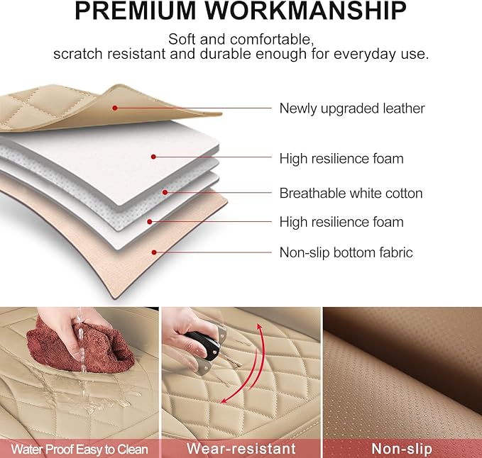 2 Pack Leather Front Car Seat Cover Bottom Car Seat, Universal Anti-Slip Driver Car Seat Protectors with Storage Pocket, Waterproof Bottom Auto Seat Cushion Pad Mat for Most Vehicles(Yellow Beige)