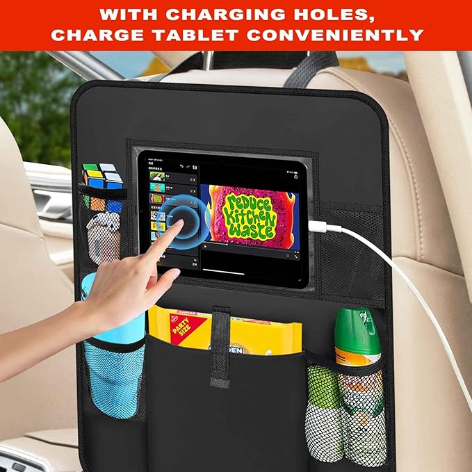 2 Pack Car Backseat Organizer with Touch Screen Tablet Holder,6 Storage Pockets Protectors Kick Mats,Car Back Seat Cover Protector Travel Accessories for Kids