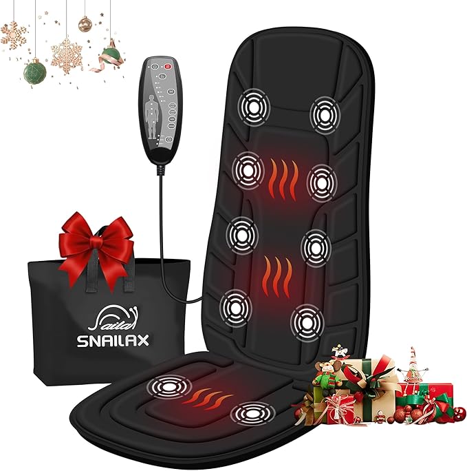 Snailax Back Massager with Heat, Massage Seat Cushion with 10 Motors, Massage Chair Pad for Home Office Use, 5 Modes & 3 Intensity Levels, 2 Heat Settings with 30-60-90 Mins Timer, Gifts for Him Her