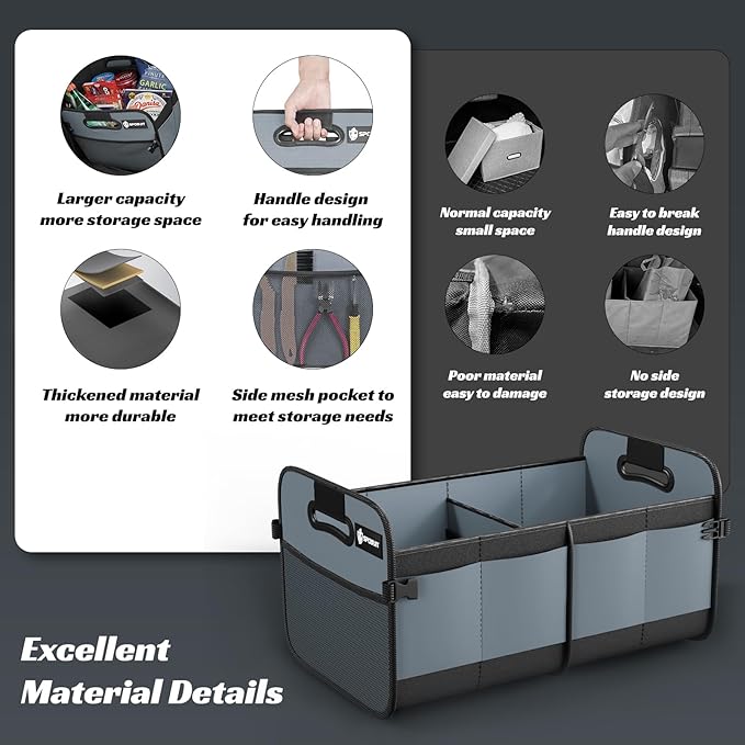 Sposuit Trunk Organizer for Car - 70L Collapsible Car Storage with 11 Pockets & Reinforced Handles, SUV Trunk Organizers for Grocery Cargo(Grey)