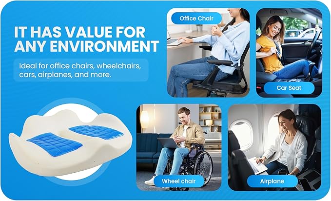 Gel Seat Cushion for Office Chair, Car, or Wheelchair — Orthopedic Memory Foam Pad with Cooling Gel for Tailbone, Sciatica, and Back Pain Relief