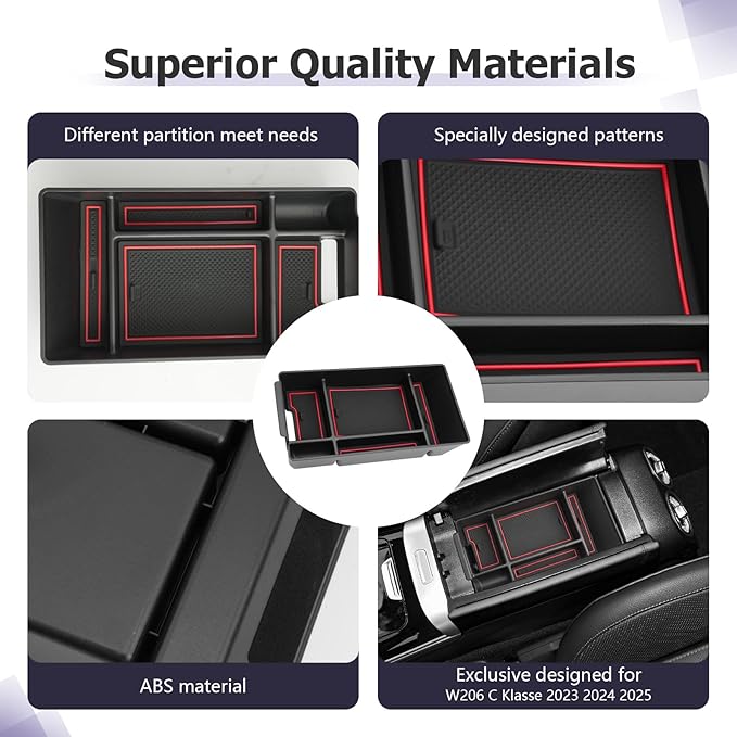LUWU Center Console Organizer Compatible with 2022-2026 Benz C-Class C300/C300 4Matic/AMG C43/AMG C63 SE Performance W206 Accessories Armrest Console Storage Box Insert Tray ABS Material Red