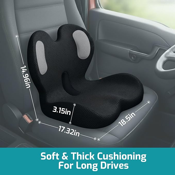 Trucker Seat Cushion, Car Seat Cushions with Lumbar Support Pillow, Ergonomic L-Shaped One Piece Memory Foam Pad for Long Driving Back Pain Sciatica Relief, Drivers Office Workers (Black+Mesh Cloth)
