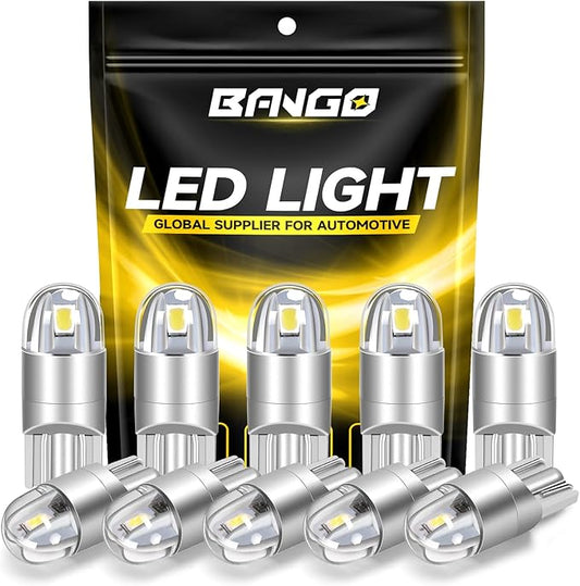 BANGO 194 LED Bulb, 6000K White Super Bright 168 T10 2825 W5W LED Replacement Bulbs for Car Interior Dome Map Door Courtesy Trunk Side Marker License Plate Lights, Pack of 10