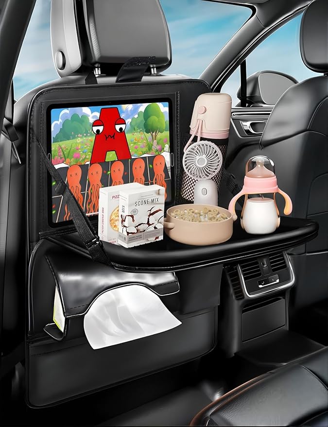 2-Pack Leather Car Backseat Organizer with Tablet Holder–Foldable Food Tray,Storage Pockets,Trash Can,Tissue Holder & Insulated Bag–Kick Mats Protector for Kids,Travel Accessories Organizer
