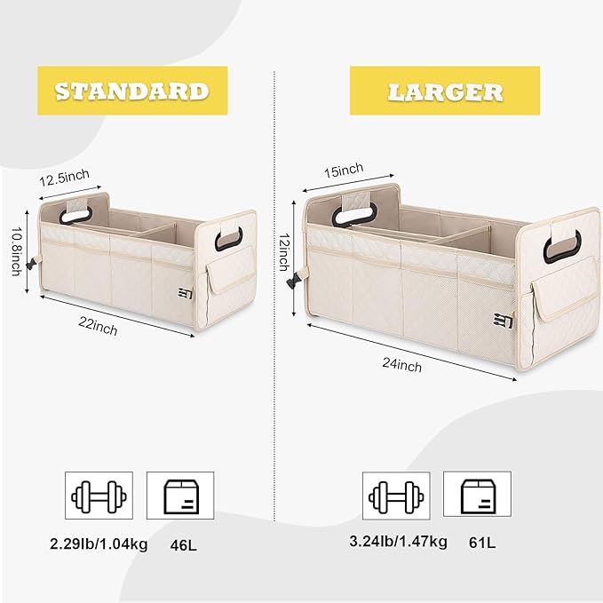 JiatuA Car Trunk Organizer for SUV, Car Storage Organizer Collapsible Multi Compartment Container Box, Adjustable Car Accessories for Women/Men, Large Beige