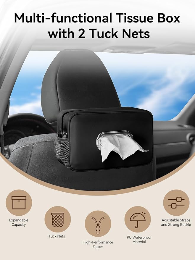 2Pack Multi-Functional Car Tissue Holder with ‌2 Tuck Nets, Upgraded PU Leather Tissue Box Cover, Large Rectangle Napkin Storage Organizer, Keep Car Tidy, Black