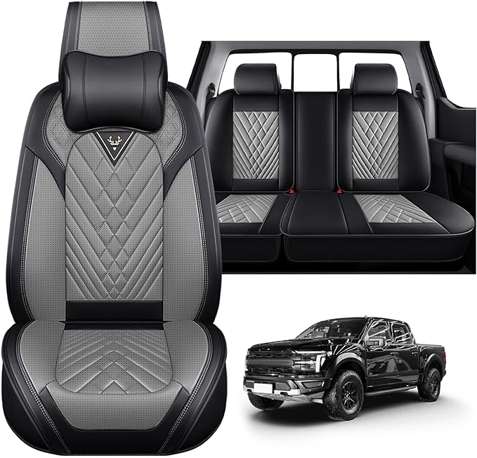 Full Set Car Seat Covers for Ford F-150 F-250 F-350 XL XLT STX Lariat King Ranch Platinum Raptor Waterproof Seat Covers 2009-2025, Anti-Slip Seat Protectors(Luxury 5 Seats/Black Gray)