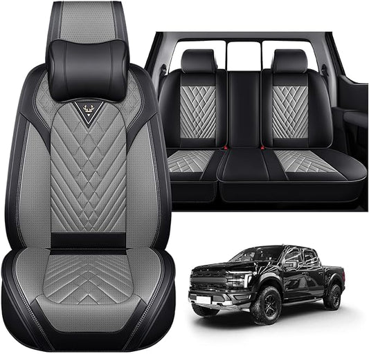 Full Set Car Seat Covers for Ford F-150 F-250 F-350 XL XLT STX Lariat King Ranch Platinum Raptor Waterproof Seat Covers 2009-2025, Anti-Slip Seat Protectors(Luxury 5 Seats/Black Gray)