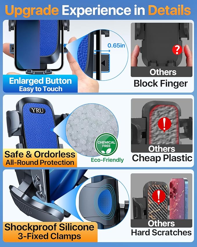 YRU [True Upgrade for Safety] Car Phone Holder Mount [Patent & Military-Grade] Dashboard Cell Phone Holder for Car Vent Windshield Phone Stand for iPhone 17 16 15 14 13 Pro Max Truck Samsung, Blue