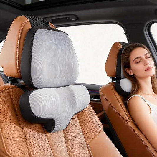 BEBAS Car Headrest Pillow for Neck Pain Relief with Adjustable Strap | Neck Pillow for Driving with Ergonomic Memory Foam | Head Neck Shoulder Trinity Support Design Car Rest Seat | Gray 1 Pack