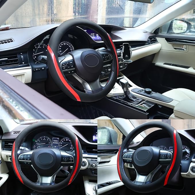 Steering Wheel Cover Black Red, Carbon Fiber Car Steering Wheel Covers with Coasters Universal 14.5-15 inch Leather Microfiber Breathable Anti-Slip Steering Wheel Accessories Set