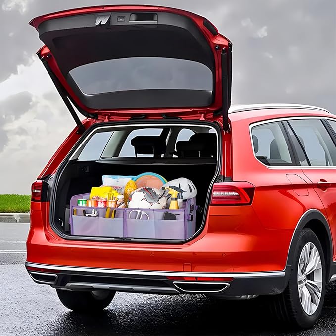 Trunk Organizer For Suv&Sedan,Car Organizers&Storage,Waterproof Collapsible & Adjustable Straps,70L Sturdy Car Organization for Car Accessories,Tools,Sundries,2-3Compartment(Colorful Purple)
