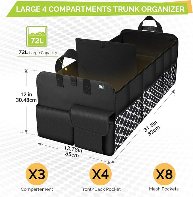 MIU COLOR Trunk Organizer for SUV, Car Organizer, Collapsible Trunk Organizer for Car, Non-Slip Storage Organizer for Sedans, Van, Jeep, Grocery, Large 4 Compartments, Black Grid 32"×13"×12"
