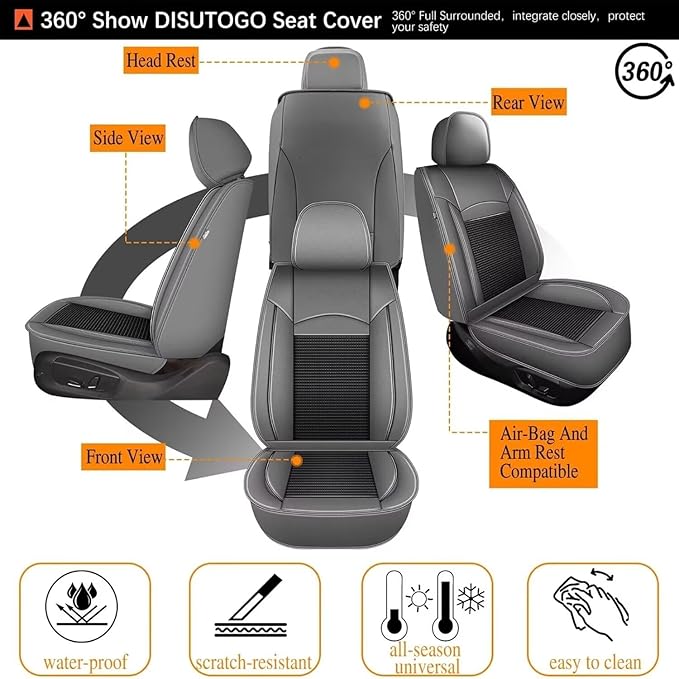 Breathable Ice Silk Front Seat Covers for Hyundai Azera 2006-2017 - Waterproof Leather Car Cushions Anti-Slip Cooling Seat Covers Protector(2 Seats - Black&Grey)