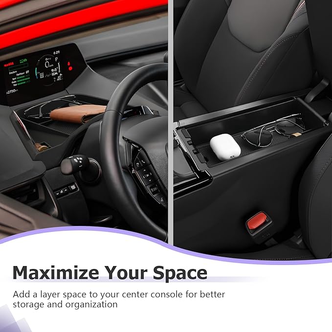 LUWU 2025 2026 Prius Accessories for 2023 2024 2025 2026 Toyota Prius LE/XLE/Limited/Nightshade Dashboard Storage Tray, Center Console Organizer Armrest Console Tray Storage Box Black 2-Pack