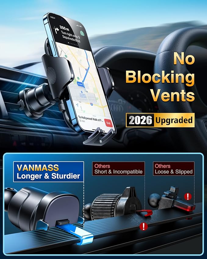 [2026 True Military-Grade] Car Phone Holder VANMASS [Upgraded Strongest Suction & Clip] Cell Phone Mount for Dashboard Windshield Vent Wall,Truck Cradle Stand for iPhone 17 Pro Max 16 15 14 13 Android