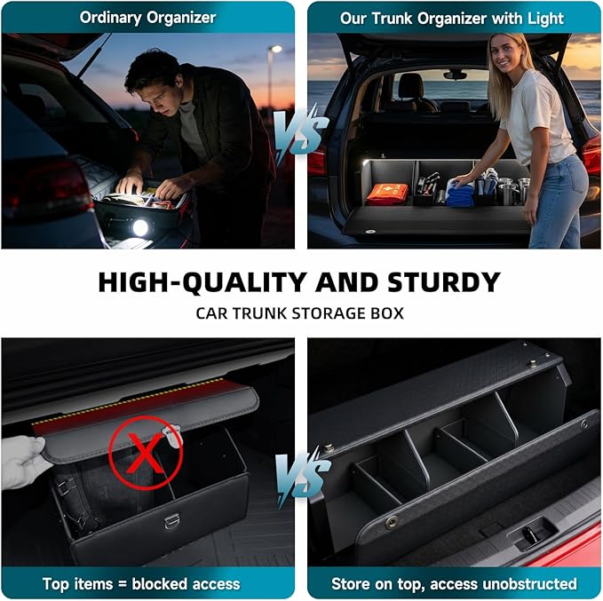 Car Trunk Organizers with LED Light, Waterproof Trunk Storage Organizer with Lid and Push-pull Handle, Sturdy SUV Trunk Storage Box Powered by 4 AA Batteries (Batteries Not Included) (42.12inch)