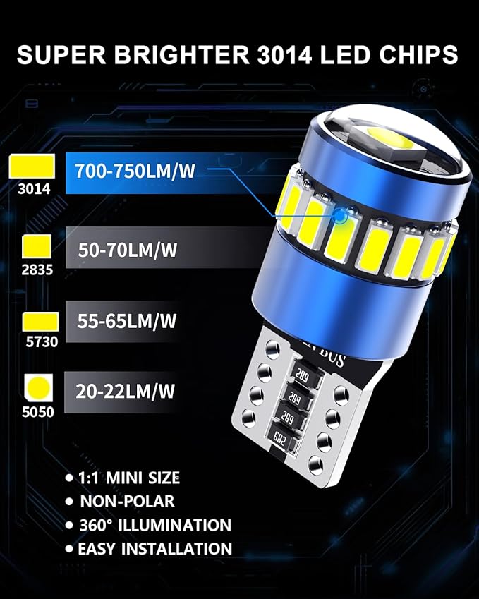 T10 194 LED Bulbs Amber Yellow, Canbus Error Free 168 2825 W5W with 3014 SMD Chips LED Bulb for Car Dome Map Door Dash Instrument Courtesy License Plate Lights, Pack of 2