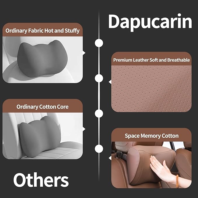 Car Headrest Pillow Memory Foam Breathable Removable Leather Cover Premium Seat Support Head Neck Cushion for Driving Traveling Home Office, Brown, 1 Pack