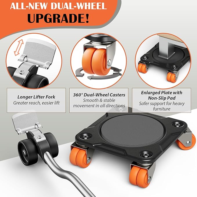 ONEON Furniture Mover Ultra with 10 Wheels – All-New Upgraded Heavy Item Moving Tool Double-Wheeled Low-Profile Dolly with Auxiliary Lifter, Full Carbon Steel Panels, Supports up to 2200 lbs