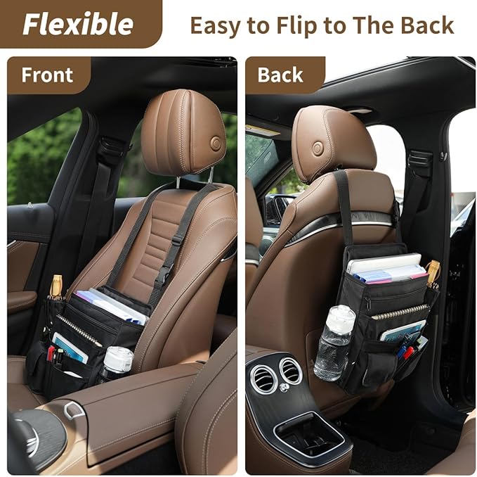 Car Front Seat Organizer for Paperwork File Laptop Mobile Office, Multi Compartment Storage Bag with Cup holder and Adjustable Strap for Car Work Truck Van
