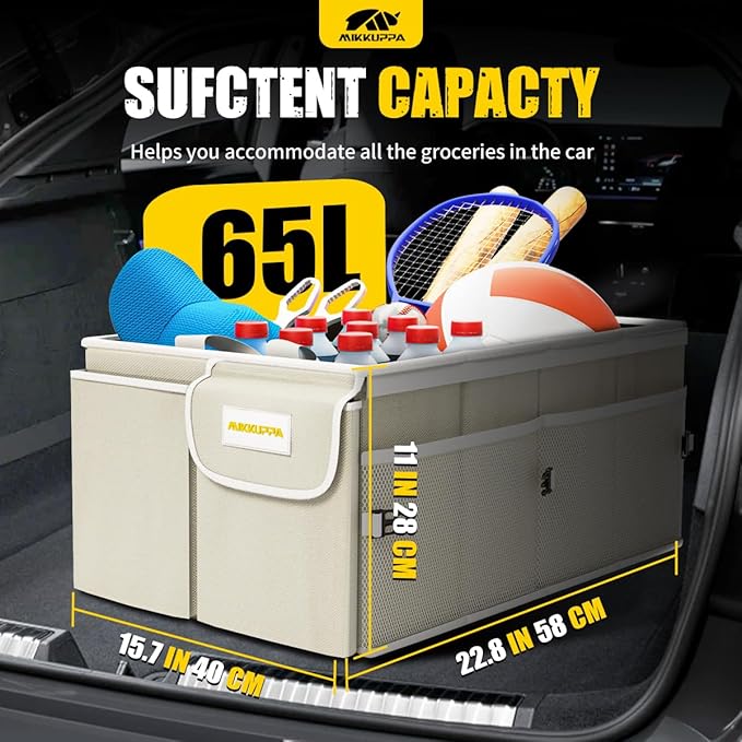 MIKKUPPA Car Trunk Organizer - 65L Collapsible Trunk Organizer with Lid, Sturdy Car Storage for SUV Auto Truck Van with Adjustable Straps and Non Slip Bottom (White)