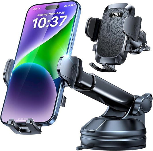 YRU True Upgrade for Safety Car Phone Holder Mount Patent & Military-Grade Dashboard Cell Phone Holder for Car Vent Windshield Phone Stand for iPhone 17 16 15 14 13 Pro Max Truck Samsung, Matte Black