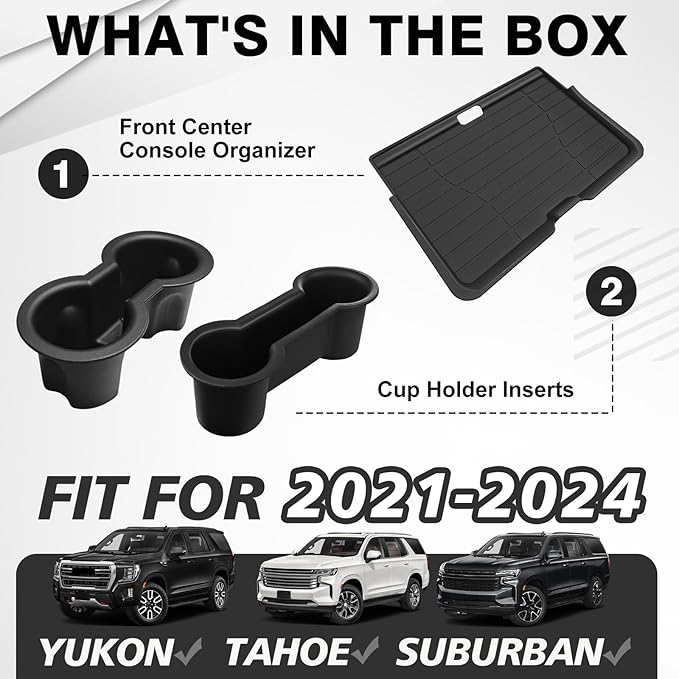 Muslogy Front Center Console Organizer & Cup Holder Inserts Compatible with 2021-2024 GMC Yukon Chevy Tahoe Suburban Accessories Front & Rear Silicone Drink Holder 2PCS & Middle Console Removable Lid