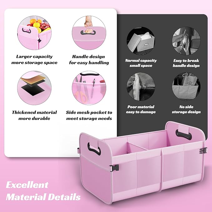 Sposuit Trunk Organizer for Car - 70L Collapsible Car Storage with 11 Pockets & Reinforced Handles, SUV Trunk Organizers for Grocery Cargo(Pink)