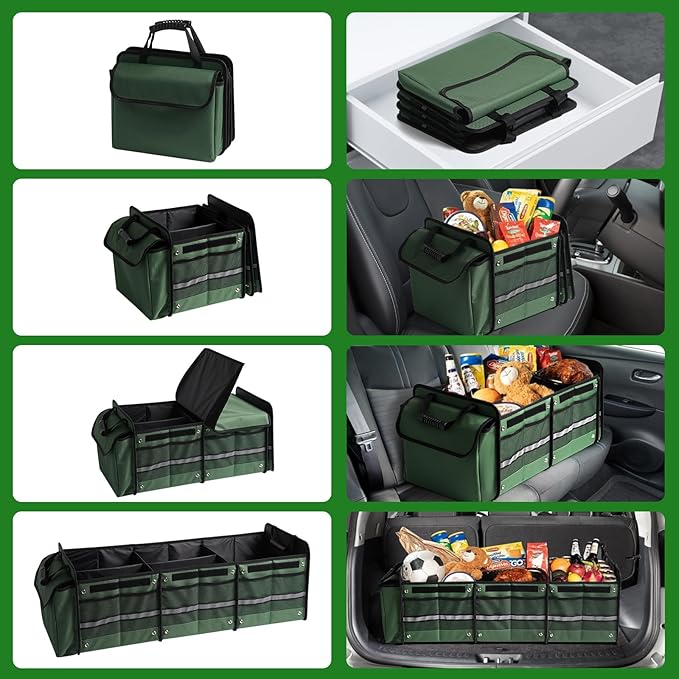 Car Trunk Organizer,115L Heavy Duty Collapsible Trunk Storage, with Insulated Leakproof Cooler Bag Vehicle Cargo Organizer with Lid, 3 Compartments, Straps For Car,Suv,Jeep,Sedan-Green